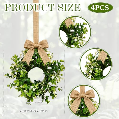 4 Pcs Small Spring Summer Hanging Wreaths for Cabinets Artificial Greenery Eucalyptus White Berry Mini Candle Ring Wreath with Foliage for Home Kitchen Front Door Window Porch Wall Wedding Decor