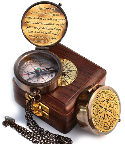Trust in The Lord With All Your Heart - Proverbs 3:5-6 Quote Engraved Compass With Wooden Box, Greeting Card, Gift Compass, Graduation Day Gifts 2024 for Women Men Boys Girls - style: #7 Trust in The Lord Compass -Proverbs 3: 5-6