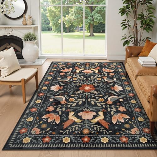 Moynesa Floral Bird 6x9 Black Area Rug for Living Room Bedroom Dining Room, Folk Art Home Decorations for Modern Transitiona Open Areas,Family Friendly Comfort Floor Protection Non-Slip Washable - color: Black, size: 6' x 9' (Rectangular)