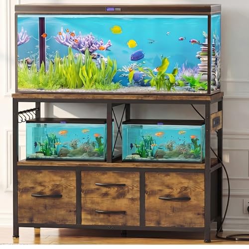 Heybly 30-40 Gallon Fish Tank Stand, Aquarium Stand with Drawer, Power Outlet, Heavy Duty Metal Frame, for Fish Tank, Turtle & Reptile Terrarium, 36.2" L × 18.1" Top, 660lbs (Top)+330lbs(Mid), Rustic Brown HAS004SR - color: Rustic Brown, size: 40 gal