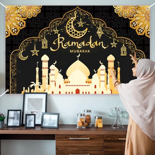 Ramadan Decorations for Home Black and Gold Eid Decorations Mubarak Backdrop Banner Ramadan Decor Hang Ramadan Mubarak Photography Banner Background Holiday Welcome Banner for Party Supplies