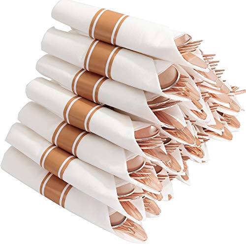 Supernal 30 Pack Pre Rolled Rose Gold Plastic Silverware with Linen Feel Napkin, Heavy Duty Disposable Wrapped Cutlery Set for Bridal Showers, Weddings, Birthdays & 2026 Graduations - color: Rose Gold, size: 30 Pack