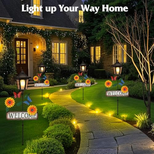 Lewondr Solar Garden Lights Butterfly, 37.4 Inch Solar Lamp Post Light with Welcome Sign & Butterflies, Outdoor Waterproof Solar Stake Lights for Yard Porch Patio Pathway Gardening Gifts, 2 Pack - style: Yellow Flowers & Butterflies
