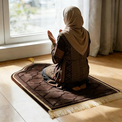 haozaikeji Muslim Prayer Rug Islamic Turkish Prayer Mat Thick Soft Janamaz Sajada Rug Praying Carpet for Ramadan Eid Travel - color: Coffee, size: L 25.59*43.43 inch (65*110cm)
