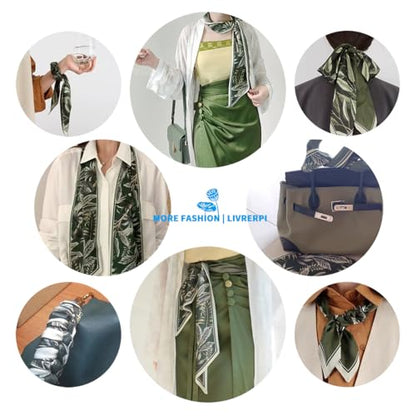 Silk Feeling Head Scarf Fashion Satin Hair Scarf Square Long Scarves for Women Gifts - color: 02 Green Plant Leaf /5.12 X 59 Inch