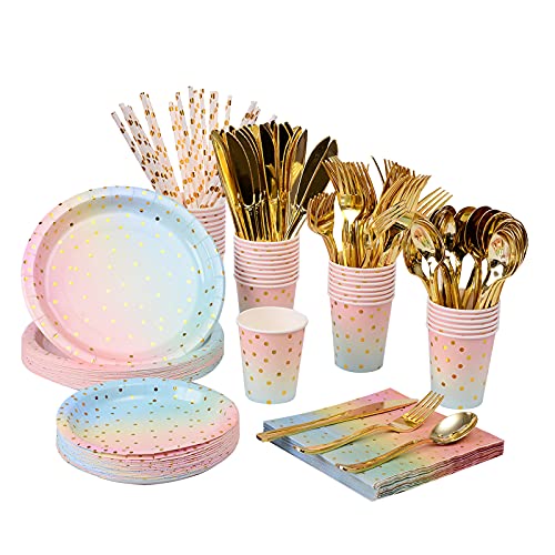 200PCS Rainbow Pastel Party Supplies Set-Disposable Paper Dinnerware Serves 25, Pastel Paper Plates Napkins Cups&Gold Plastic Silverware Sets for Wedding Birthday Baby Shower Holiday Parties(Colorful) - color: Colorful