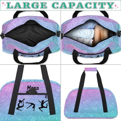 Custom Dance Bag, Gradient Purple Blue Glittering Gym Silhouette | Personalized Kids Gym Bag for Girls Customized Travel Sports Duffel Bag Name - color: Color 29