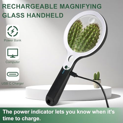 10X 20X 45X Magnifying Glass with 48 LED Light | Handheld Illuminated Lighted Magnifier with 5 Light Modes Rechargeable Magnifying Glass for Seniors Reading Inspection - color: Black Handle