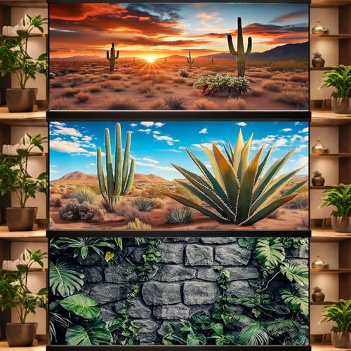 36X24IN 3 Pack Aquarium Terrarium Fish Tank Background, Reptile Habitat Bearded Dragon Tank Background, Polyester Black Rock Sun and Desert Cactus Terrarium Decor Wallpaper - size: 36X24in/90X60cm