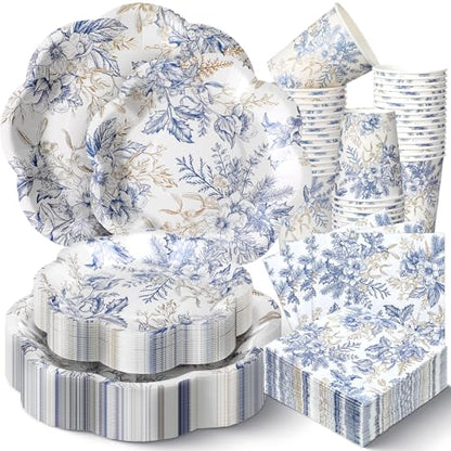 Newtay 250 Pcs Blue Floral Disposable Plates and Napkins Blue Gold Disposable Tableware Set for 50 Guests Paper Plates Napkins Cups for Wedding Bridal Shower Supplies - color: Blue and Gold, style: Stylish