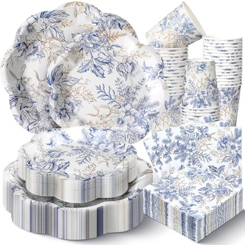 Newtay 250 Pcs Blue Floral Disposable Plates and Napkins Blue Gold Disposable Tableware Set for 50 Guests Paper Plates Napkins Cups for Wedding Bridal Shower Supplies - color: Blue and Gold, style: Stylish