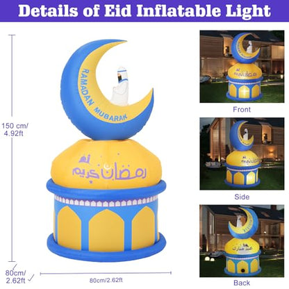 Lewondr 4.9FT Outdoor Inflatable Moon Decorations, Rotating Inflatable Moon Eid Mubarak Decor, Blow Up Muslim Holy Ramadan Celebration Decor with LED Lights, Outdoor Holidays Inflatables for Yard - style: Moon and Castle