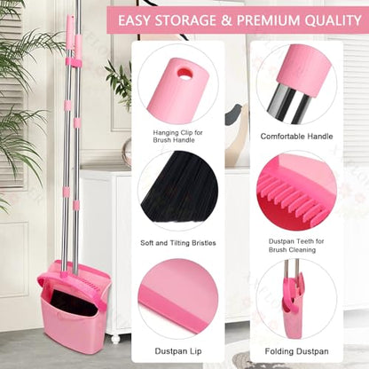 Broom and Dustpan Set, Dustpans with Broom Combo for Home, Heavy Dust Broom and Dustpan Combo, Long Handle Dust Pan and Broom Set for Kitchen, Office, Pet Hair,Pink, Pack of 1 - color: Pink