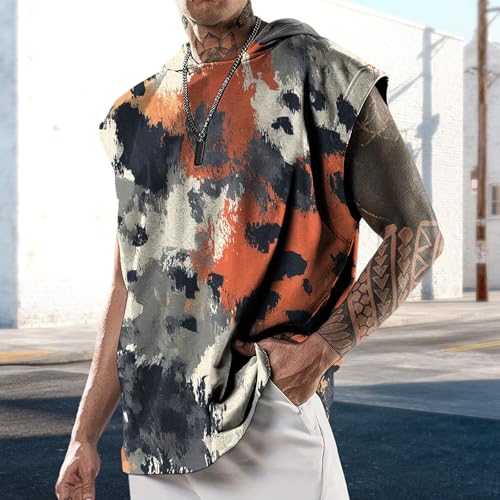 domirica Mens Relaxed Hooded Tank Tops Abstract Print Crewneck Casual Breathable Summer Fitness Sleeveless Shirt - color: Leopard, size: Large