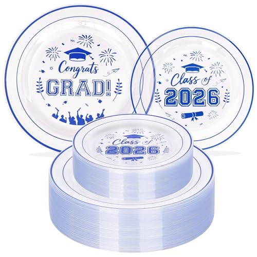 100 Pcs Graduation Plastic Plates,2026 Blue Clear Graduation Disposable Plates for 50 Guests,50 Dinner Plates 10 inch & 50 Dessert Plates 7 inch for Party,Holiday - color: Blue Clear