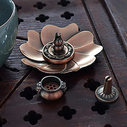 Sakura Flower Incense Holder, 5Pcs Red Bronze Incense Burner Holder with Silk Pouch, Bowl-Shape, Lotus Multi-Holes, Cone Shape and Gourd-Shape for Yoga Living Room Bedroom Home Fragrance - color: Red Copper, 5 Pcs