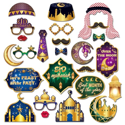 25 Pcs Ramadan Mubarak Photo Booth Props for Ramadan Mubarak Party Decoration Supplies, Eid Moon Lantern Festival Selfie Props Photography Backdrop Decorations for Eid Ramadans Mubaraks Party Favors