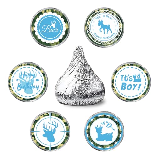 Blue Hunting It's A Boy Kiss Sticker Labels - Deer Theme Gender Reveal Round Candy Sticker Favors - Deer Hunting Baby Shower or Birthday Party Party Labels Fit Chocolate Candy (Set of 150) - color: Deer It's a Boy