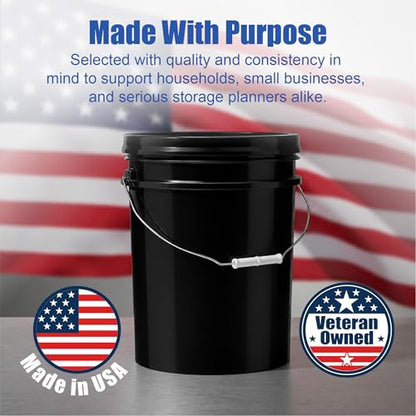 5 Gallon Bucket - Food Grade w/Lid BPA-Free, Black/Black, 3 | Airtight Gamma Seal Screw-On Lid, Heavy-Duty 90 Mil HDPE Plastic, Food Safe and Durable Container, Bulk Storage, Made in USA - color: Black/Black, size: 3 Packs