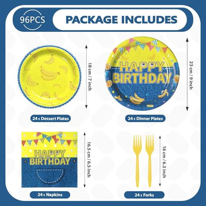 Grencian 96Pcs Yellow Cartoon Birthday Party Decorations Yellow Cartoon Paper Plates and Napkins Banana Theme Disposable Tableware for Banana Theme Birthday Decorations Serves 24 - style: Yellow Cowboy Birthday