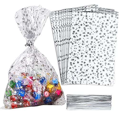 100 Pcs Star Printed 5"X 7" Gift Wrap Cello Cellophane Treat Bags Party Favor bags Clear Candy Cookie Bags Plastic Poly Goodie Storage Bags with Twist Ties for Bakery,Birthday, Wedding ,Party Decorations (Silver) - color: Silver, size: 5x7 in