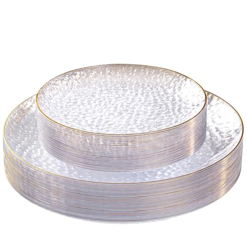 SUT 36Pcs Clear Plastic Plates, Hammered Plates Disposable Heavy Duty, Clear Disposable Plates With Gold Rim, Fancy Plastic plates Include 18 Dinner plate and 18 Dessert plate for Wedding - color: Clear, size: 36PCS