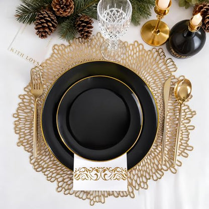 MirthMood 210Pcs Black and Gold Disposable Plates,Black Plates, Black and Gold Plates Include 30 Dinner,Dessert Plate,30 Cup&30 Napkins, 90 Gold Silverware for Wedding & Party & Birthday & New Year - color: Black, size: 210
