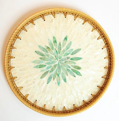 Magenta & Teal Round Rattan Serving Tray with Mother of Pearl Inlay, Wicker Coffee Table Decor, Farmhouse Style (Silver Green Flower) - color: Silver Green Flower