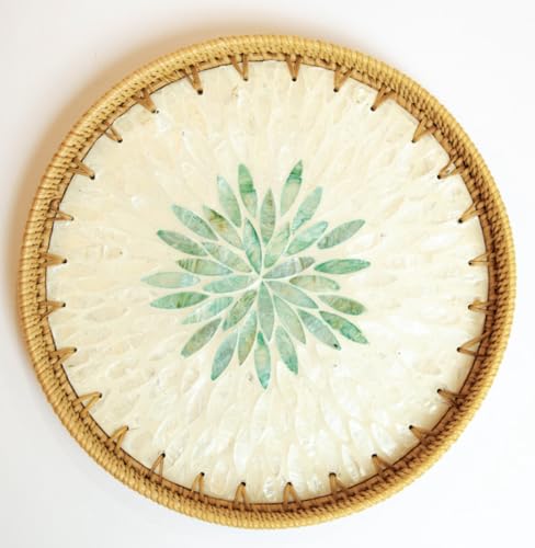 Magenta & Teal Round Rattan Serving Tray with Mother of Pearl Inlay, Wicker Coffee Table Decor, Farmhouse Style (Silver Green Flower) - color: Silver Green Flower