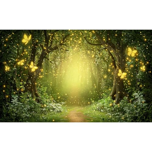 Fairy Tale Woodland Aquarium Background Fantasy Forest Mystical Fireflies Fish Tank Background Serene Tranquil Forest Night Scenery Terrarium Backgrounds Foggy Forests Reptile Tank Backgrounds 24x12in - color: Warm Green, size: 24(W)x12(H)in