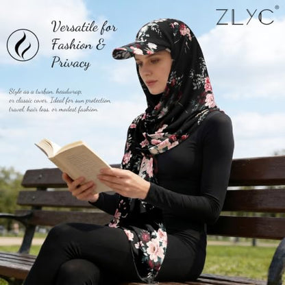 ZLYC Women Muslim Hijab Scarf with Visor Built-in Undercap Sun Protection Headwrap - color: Floral Black