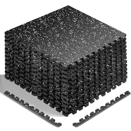 HAPBEAR 0.56'' Thick 12 Pcs 48 Sq Ft Exercise Equipment Mats - High-Density Rubber Top EVA Foam Interlocking Mats, 24x24in Tiles, Heavy-Duty Treadmill Mat for Hardwood Floors, Home Gym Mat - color: 12 Tiles（48 Sq Ft）- Black