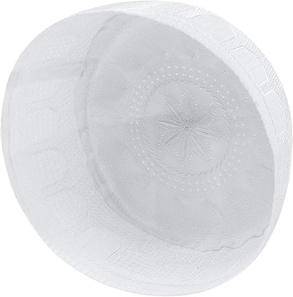 Muslim Prayer Kufi Hat for Men Boys Islamic Beanie Skull Cap Prayer Headwear Embroidery Kofia Topi Sun Hat Ramadan Eid Gift - color: White-large