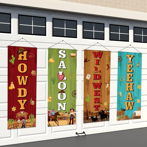 Panelee 4 Pcs Western Cowboy Party Decorations Wild West Porch Banner Hanging Backdrop for Rodeo Cowboy Birthday Baby Shower Door Wall Indoor Outdoor Wedding Decor - style: Western