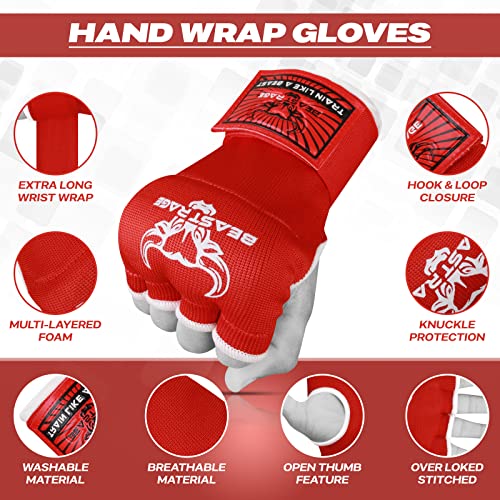 BEAST RAGE Inner Gloves with Hand Wraps Quick Wrap Long 36" Wrist Support MMA Muay Thai Bandages Punching Martial Arts Training Men Women Kickboxing Bandages Under Bag Gloves - color: Red Rage, size: XL (Adult)