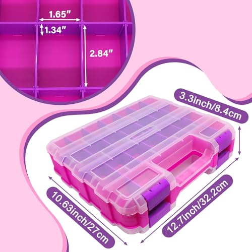 Pink Tools Box, 50-Compartment Double Side Small Parts Storage Box with Removable Plastic Dividers for Hardware, Beads, Hair Accessories and More