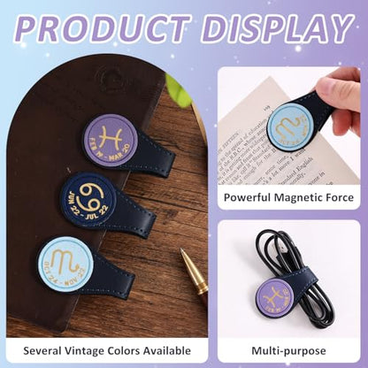 3 PCS Leather Magnetic Bookmark Clips, Zodiac PU Leather Bookmarks for Book Lovers, Full Set of Book Clip Accessories, Water Sign - style: Water Signs Constellation