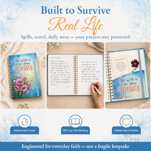 Hardcover Blank Spiral Christian Notebook – 140 Quality Pages | Lined Pages with Bible Verse Cover – Inspirational Writing Notebook for Bible Study, “Her Worth Is Far Above Rubies" - color: Rubies