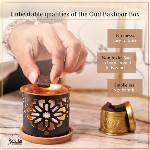 Oud Al Ibtisam Bakhoor Set by Dukhni | 2 x 9 Piece Each & Taj Bakhoor Burner | Arabic Bakhoor Incense | Warm Floral Oud Blend | Perfect for Prayer Time | to Relax & Meditate | Ramadan & Eid Gift