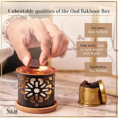Oud Al Ibtisam Bakhoor Set by Dukhni | 2 x 9 Piece Each & Taj Bakhoor Burner | Arabic Bakhoor Incense | Warm Floral Oud Blend | Perfect for Prayer Time | to Relax & Meditate | Ramadan & Eid Gift