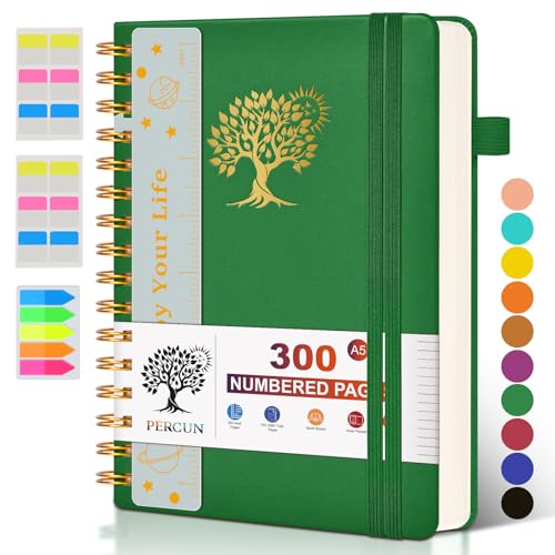 Spiral Notebook Journal for Women Men, 300 Numbered Lined Pages, College Ruled, A5 Hardcover Spiral Bound Notebook for School, Work, Note Taking Writing, Leather Spiral Journal Medium 5.9"x8.5" - color: Green, size: A5 size (5.9in x 8.5in)