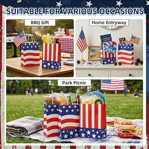 LAOREI 12 Pcs 4th of July Gift Bags with Handles, Patriotic Paper Goodie Sacks, Red White Blue American Flag Treat Bags for Independence Day Party, Memorial BBQ, Veterans Event, Birthday - color: Red White Blue