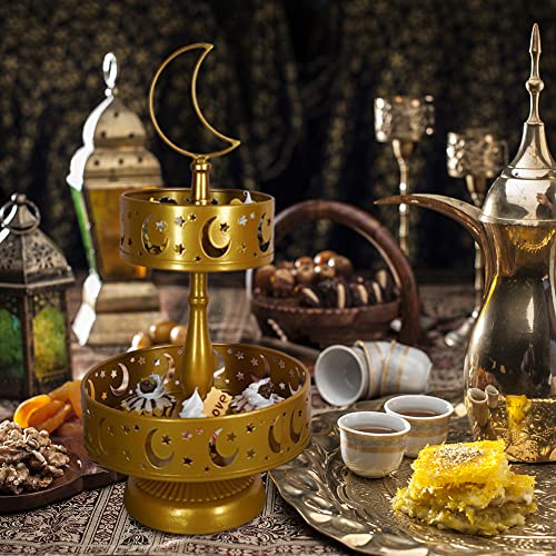 Eid Ramadan Double-Layer Pastry Tray Dinner Plate Tray Dessert Tray for Home Party Decoration, Candy Dessert Rack Iron Serving Tray for Islam Muslim Table Decor Castle (Gold)