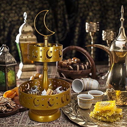 Eid Ramadan Double-Layer Pastry Tray Dinner Plate Tray Dessert Tray for Home Party Decoration, Candy Dessert Rack Iron Serving Tray for Islam Muslim Table Decor Castle (Gold)