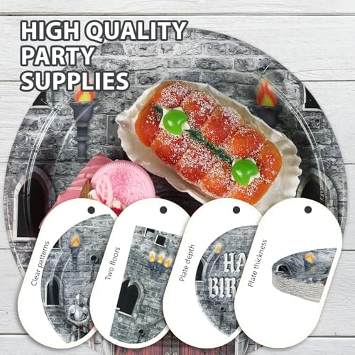 Grencian 96Pcs Medieval Castle Birthday Party Decorations, Serves 24 | Castle Plates and Napkins Disposable Medieval Knight Tableware Set for Kids Birthday Baby Shower Halloween Party Supplies - style: Medieval Castle Theme Birthday