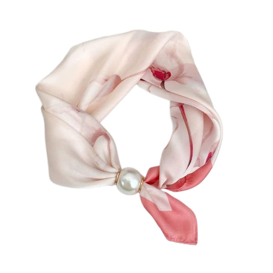 Women’s Silk Pearl magnetic buckle Scarf with Charm Buckle Satin Square Scarf for Neck Retro Floral Print，hair band - color: 01-11