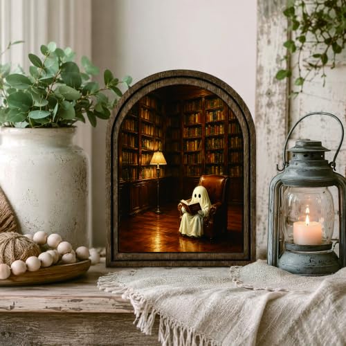 Ghost Library Arched Table Sign, Rustic Farmhouse Shelf Decor - color: Ghost Reading Library