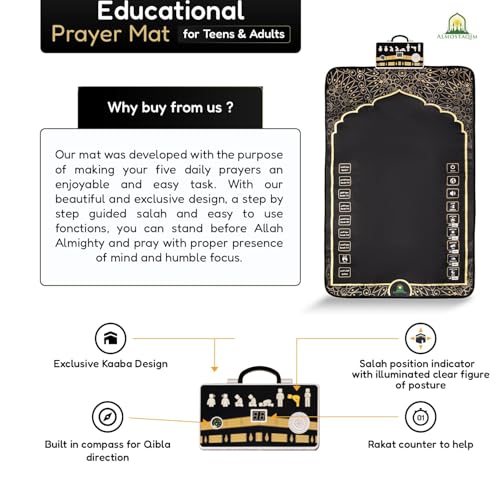 Educational Prayer Mat for Teens and Adults - Interactive Islamic Prayer Rug with LED Position Indicator, LCD Rakat Counter, Compass, 50 Touch-Sensitive Buttons, Non-Slip Backing