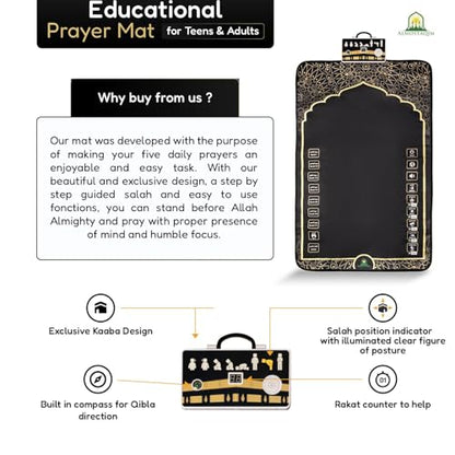 Educational Prayer Mat for Teens and Adults - Interactive Islamic Prayer Rug with LED Position Indicator, LCD Rakat Counter, Compass, 50 Touch-Sensitive Buttons, Non-Slip Backing