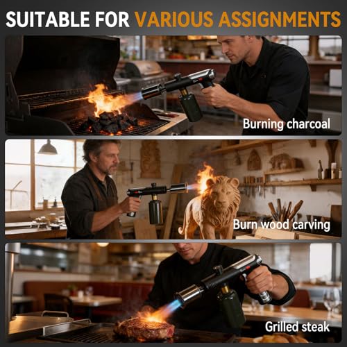 Propane Torch Gun with One-Touch Max Fire, Powerful Handheld Cooking Blow Torch with a Safety Lock for Sous Vide Searing Steak, Grill, Charcoal Starter, Campfire, Weeding, Tank Not Included (Black) - color: Black